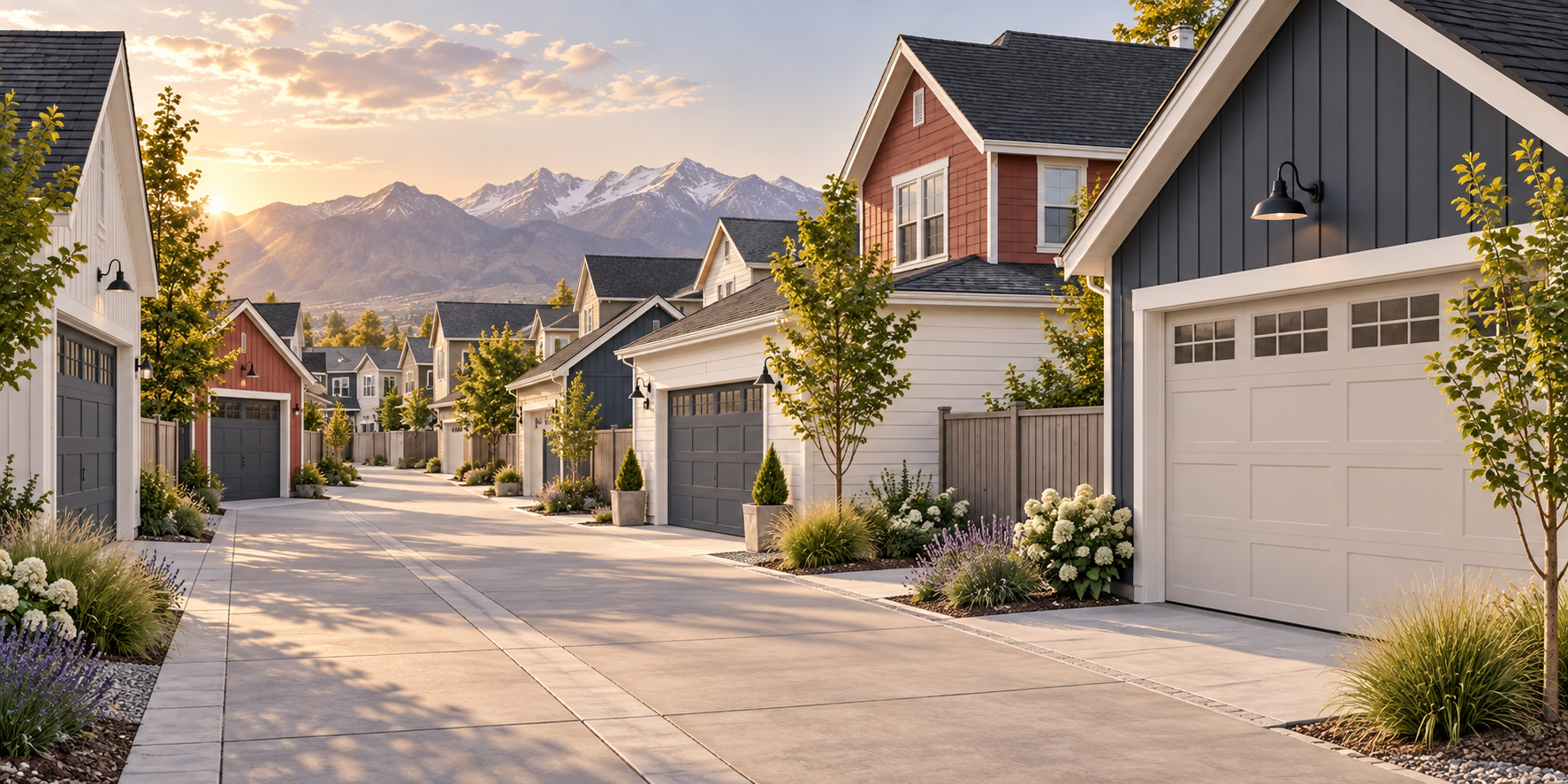 Concept illustration of garage entrances along a Utah neighborhood lane