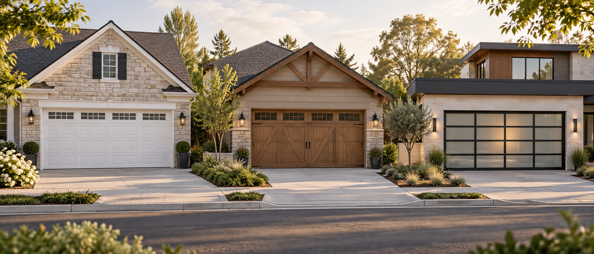 Concept illustration comparing traditional, carriage-style, and contemporary garage doors