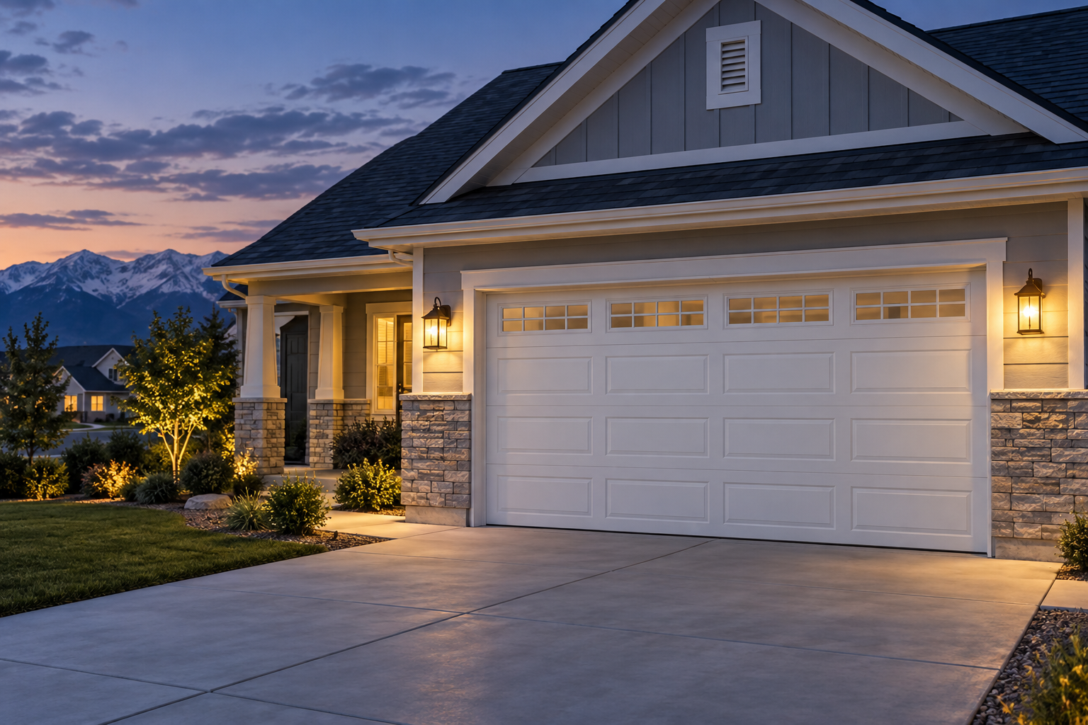 Illustration of a closed residential garage door at dusk