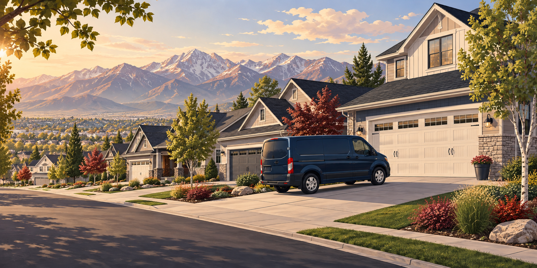 Concept illustration of Utah homes with garage doors and mountain scenery
