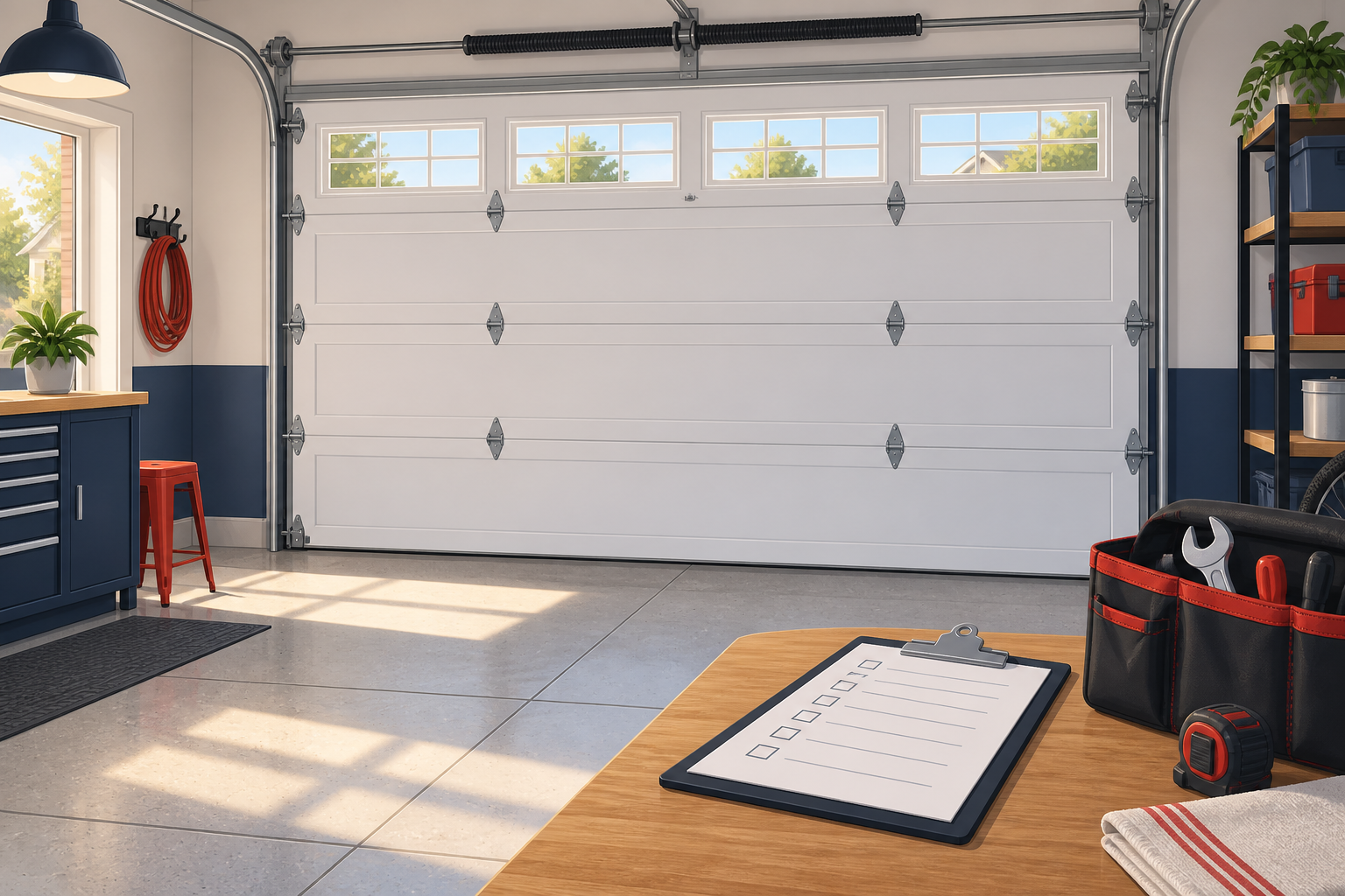 Illustration of a closed sectional garage door and a maintenance checklist