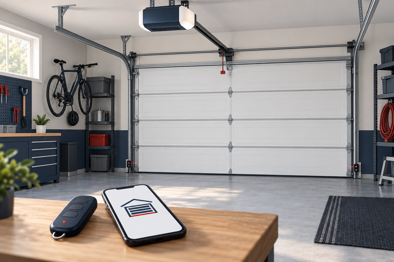 Concept illustration of a garage door opener with remote and smartphone