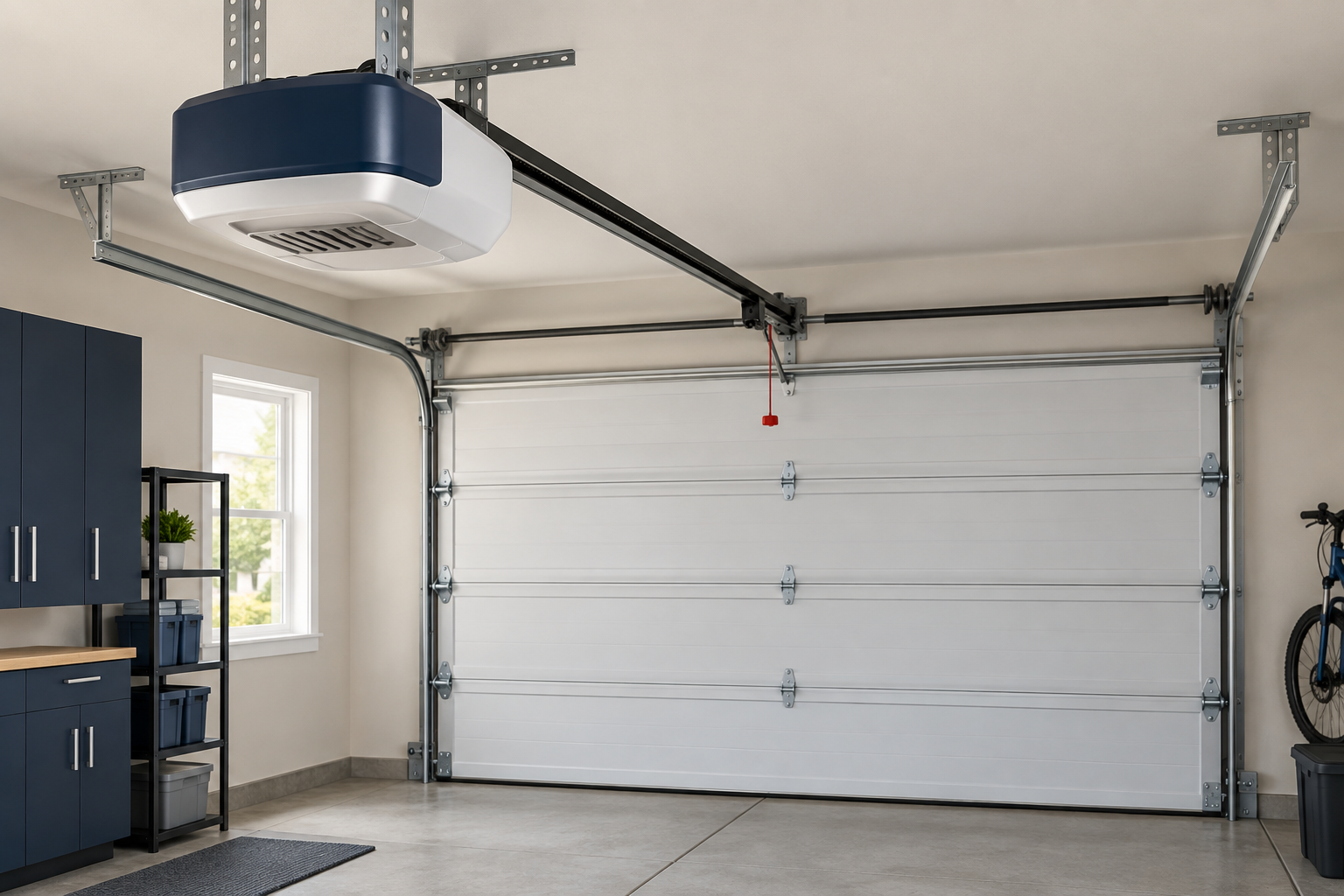 Illustration of a ceiling-mounted garage door opener and rail